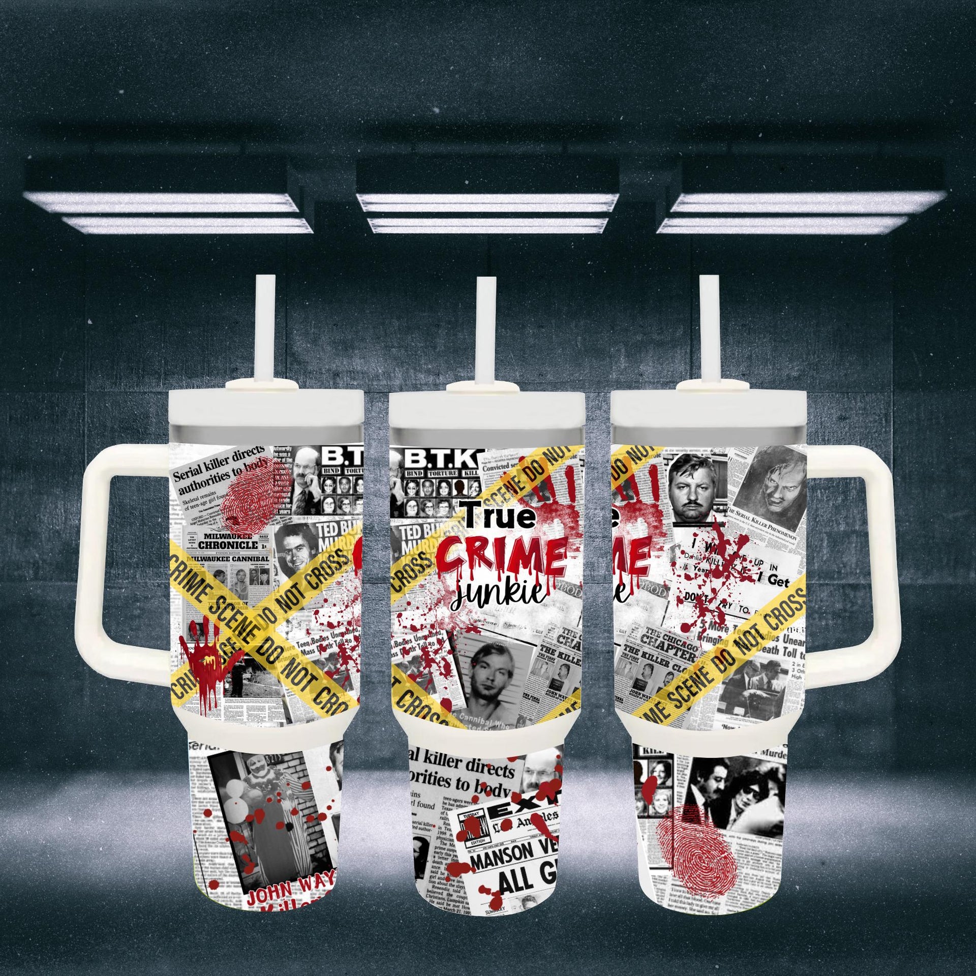 40oz stainless steel tumbler with a True Crime Junkie theme. Each tumbler features a collage of newspaper clippings, crime scene tape, blood splatter, and notorious criminals&#39; mugshots, including John Wayne Gacy, Ted Bundy, and Charles Manson.  The tumblers have black lids and straws.  The text &#39;True Crime Junkie&#39; is prominently displayed on the center tumbler.